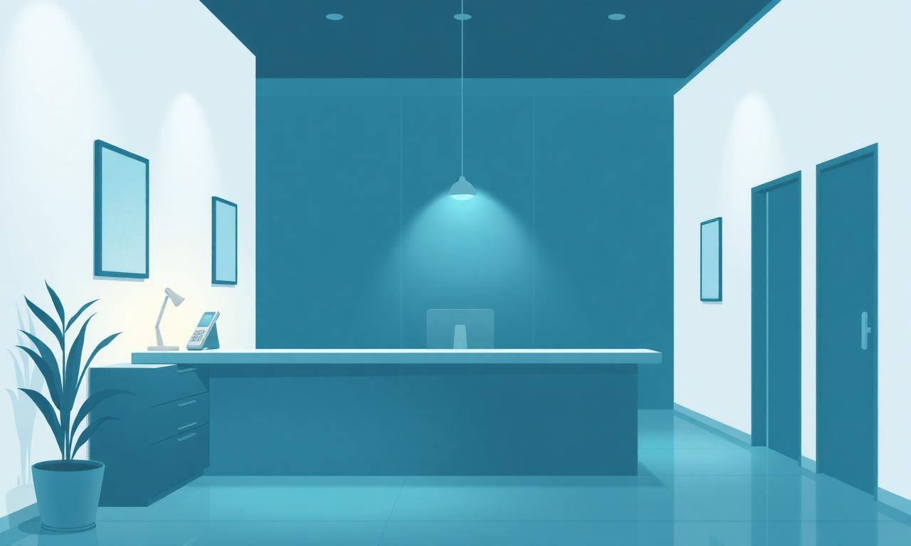 Quiet dental office reception desk lit at night with a phone on the counter