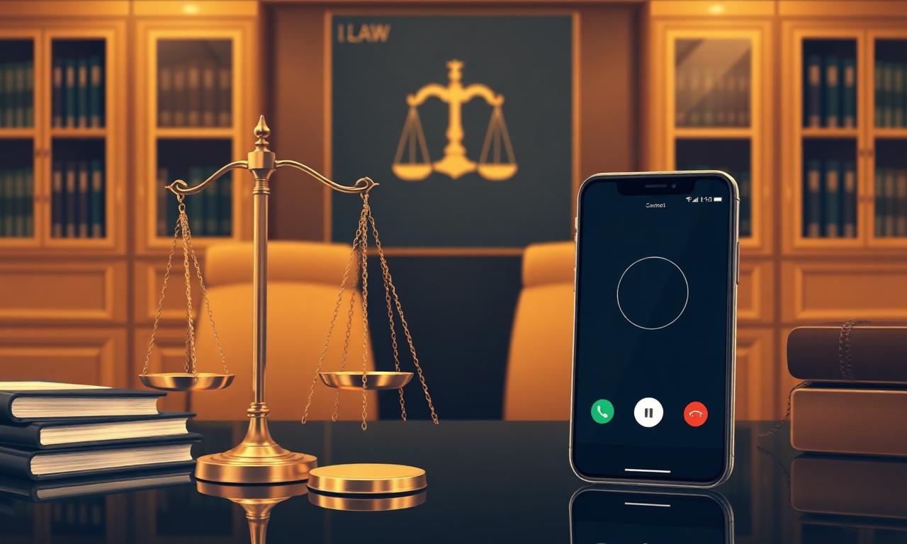 Law firm desk with brass scales of justice and a smartphone showing an incoming call