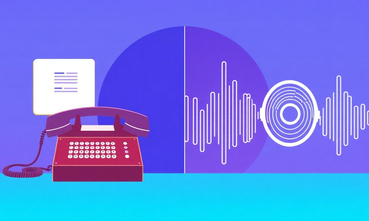 Vintage telephone next to a modern AI voice waveform on a purple background